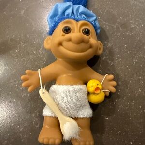 VTG Russ Bath Time Troll Doll with Blue Cap, Rubber Duckie & Bath Brush 1980s